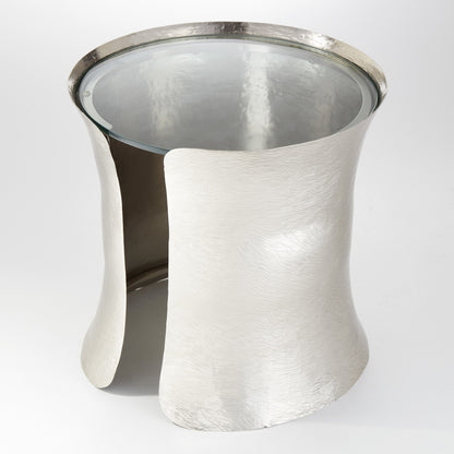 Cuff Side Table by Global Views in nickel lacquer coating. Made from aluminum, glass in a transitional style.