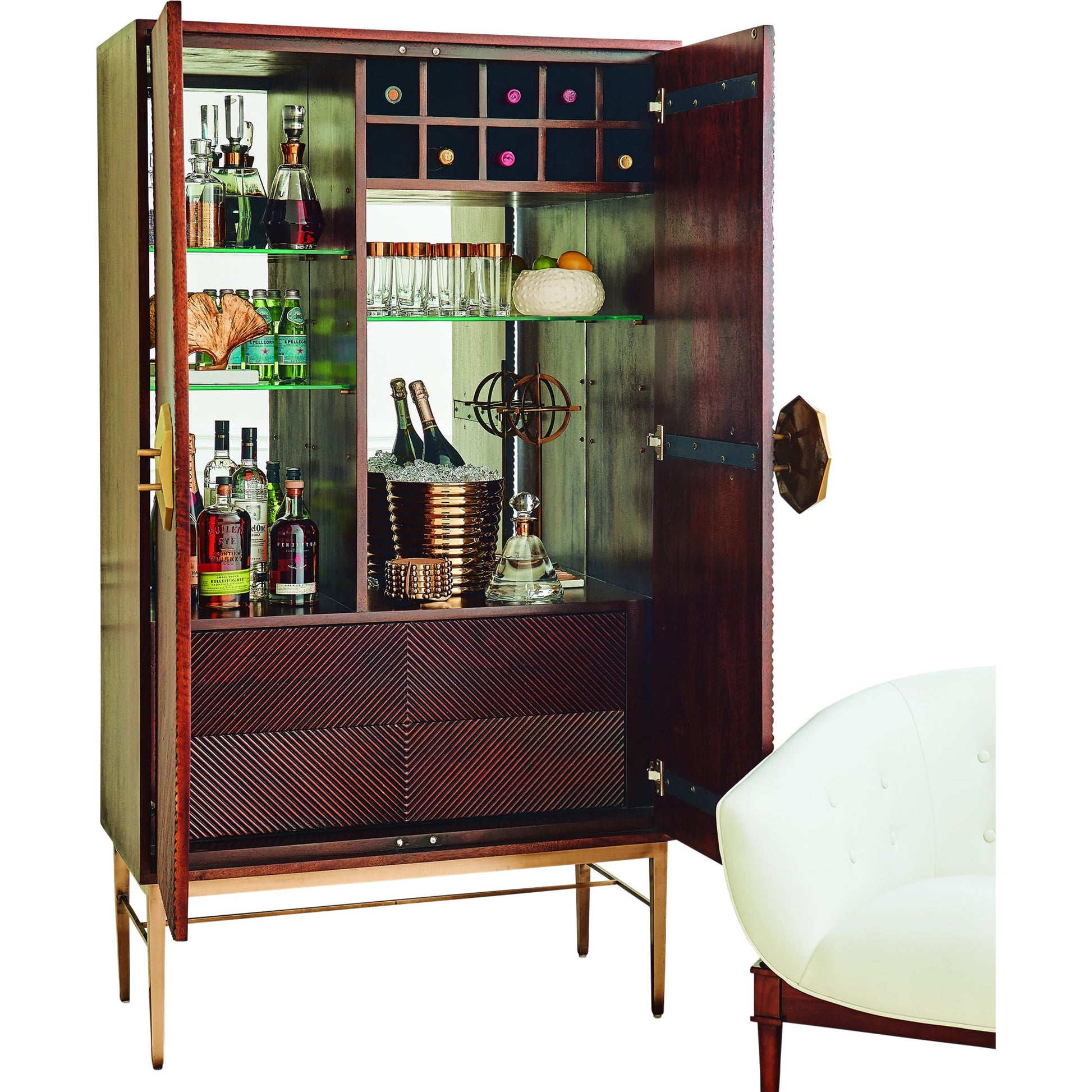 Galapagos Bar by Global Views in walnut, antique brass. Made from mango, brass, glass in a transitional style.