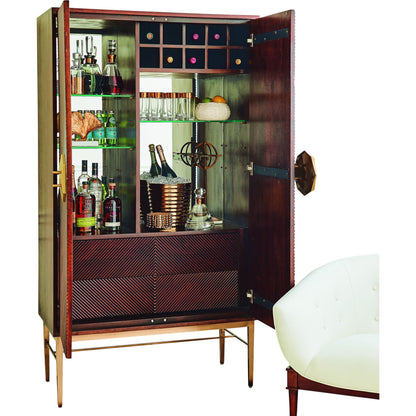 Galapagos Bar by Global Views in walnut, antique brass. Made from mango, brass, glass in a transitional style.