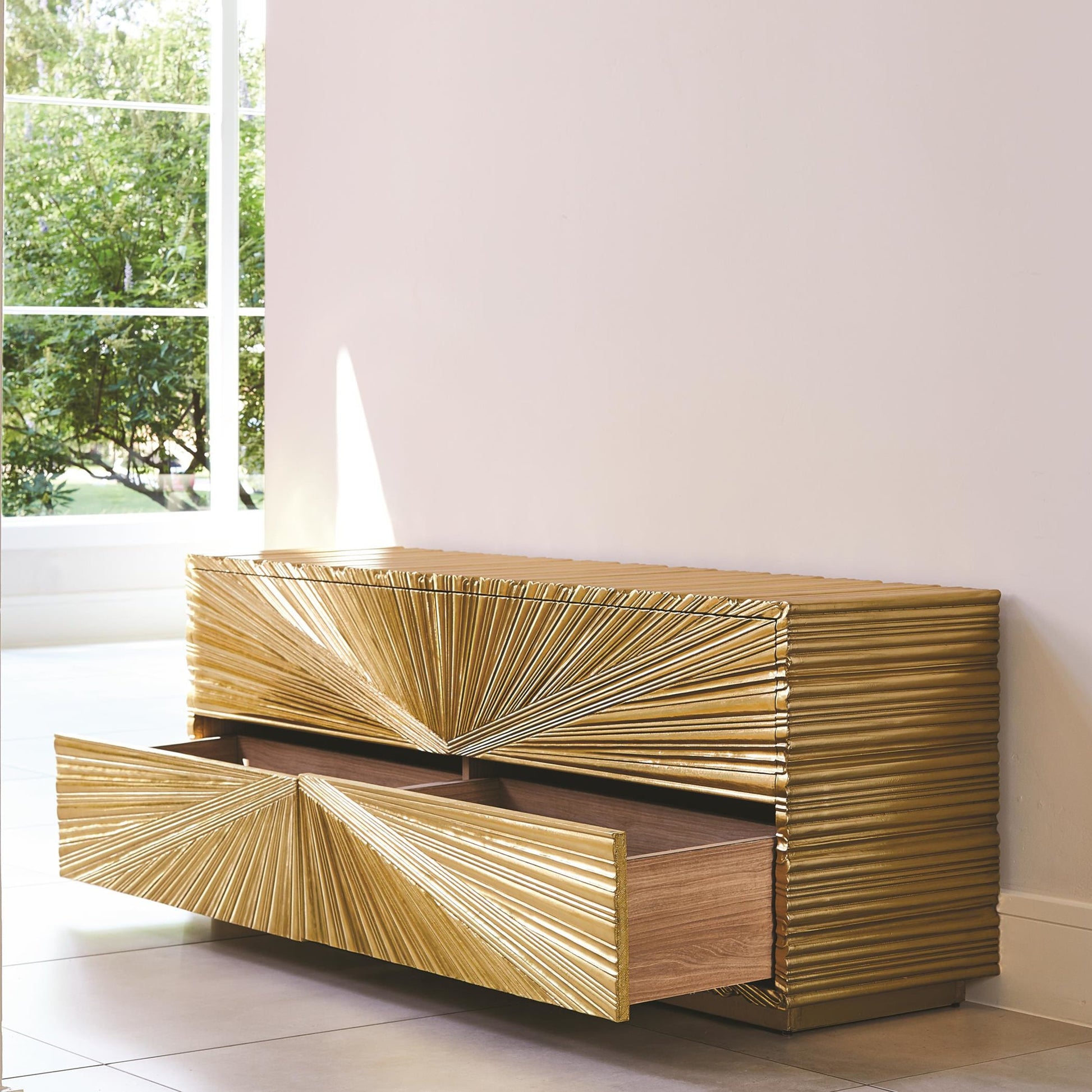 Linenfold Cabinet by Global Views. Made from mdf, brass in a modern style.