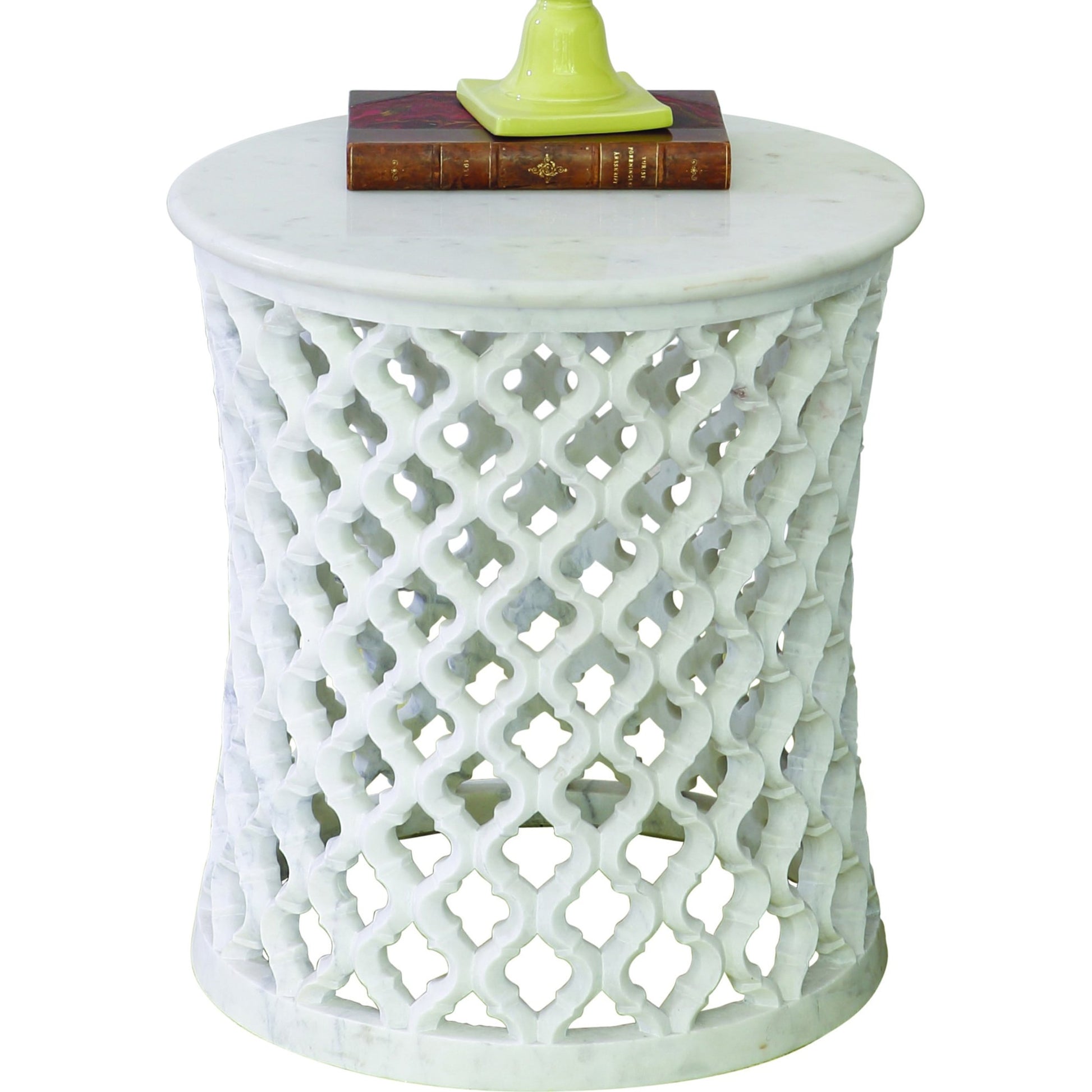 Arabesque Side Table by Global Views. Made from hand carved honed white marble in a transitional style.