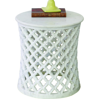 Arabesque Side Table by Global Views. Made from hand carved honed white marble in a transitional style.