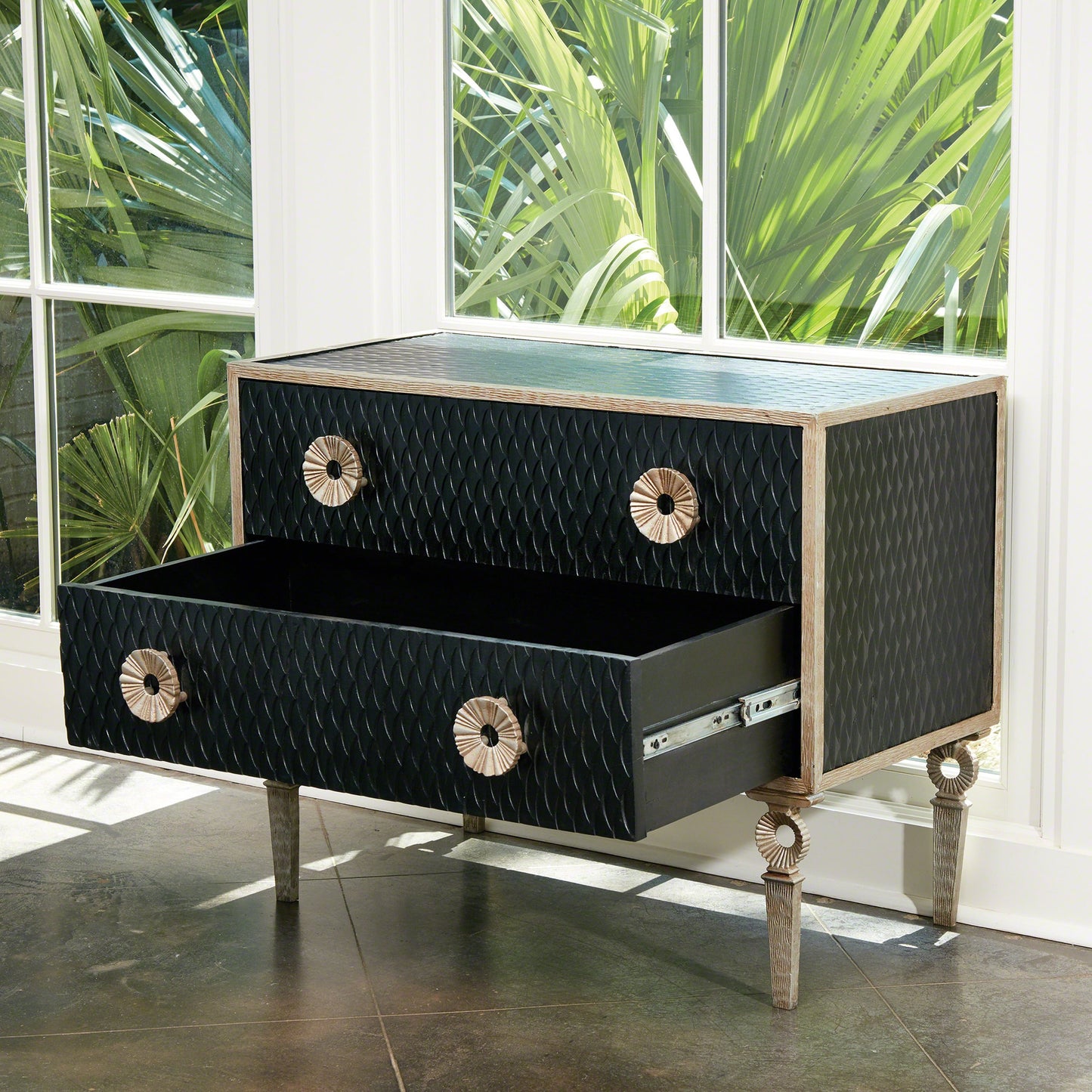 002 SR-700754 | Closeup | Artisan Chest by Global Views in black distress lacquer, nickel, antique lacquer. Made from acacia, mdf, iron in a transitional style.