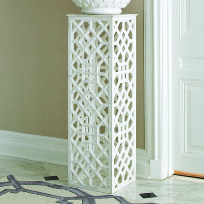 Fret Pedestal by Global Views. Made from hand carved honed white marble in a transitional style.