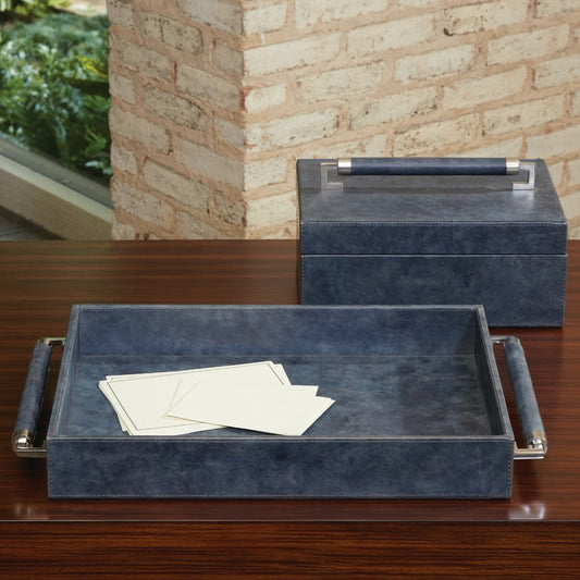 Double Handle Serving Tray by Global Views in blue wash. Made from leather, brass in a transitional style.
