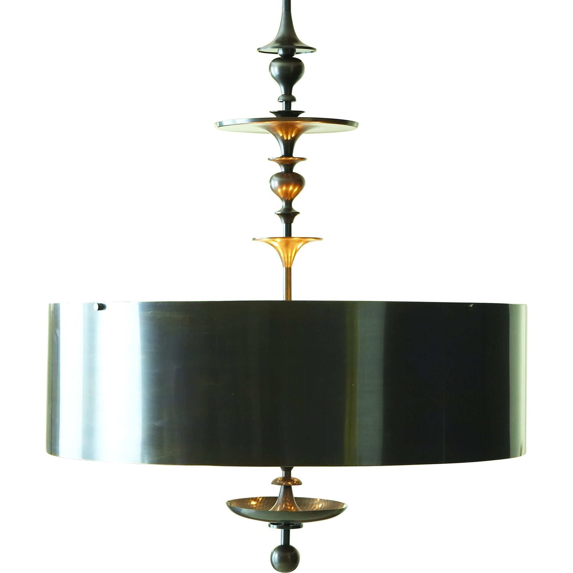 Turned Pendant Chandelier by Global Views in nickel. Made from unique in a transitional style.