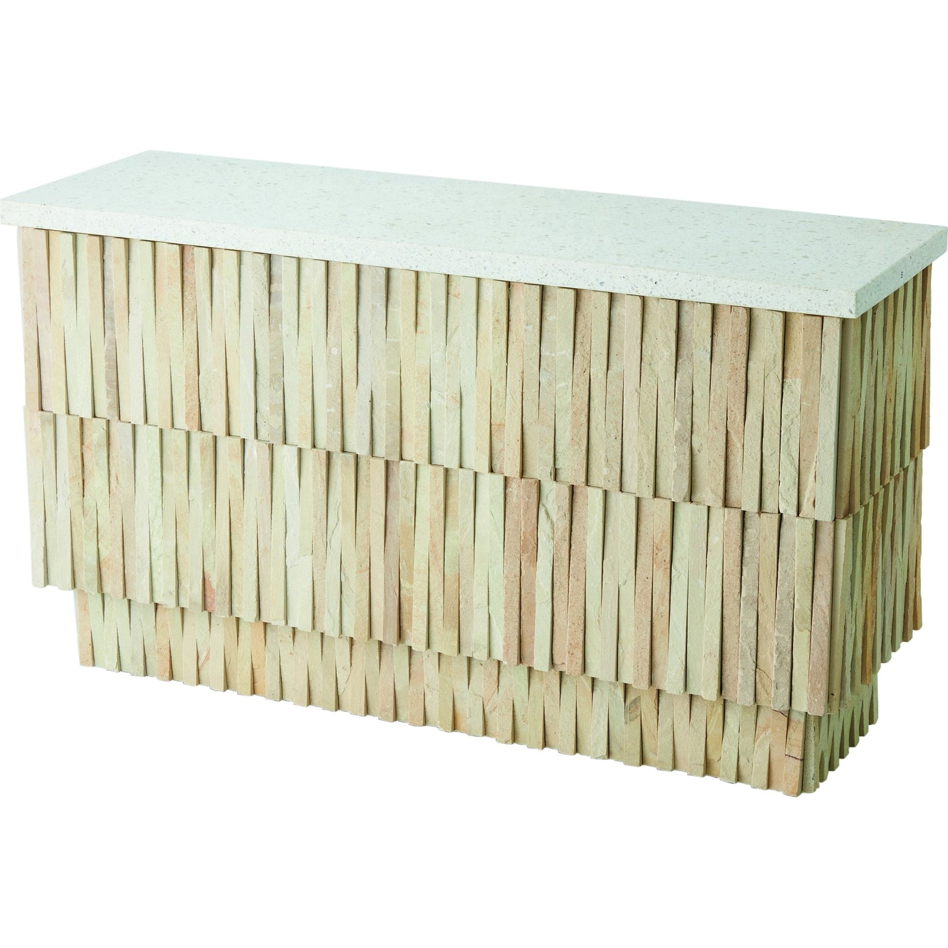 Teeter Totter Console by Global Views. Made from hand sculpted chiseled stone from rajasthan, terrazzo top in a coastal style.