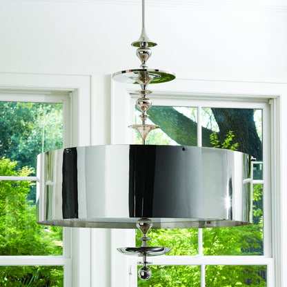 Turned Pendant Chandelier by Global Views in nickel. Made from unique in a transitional style.