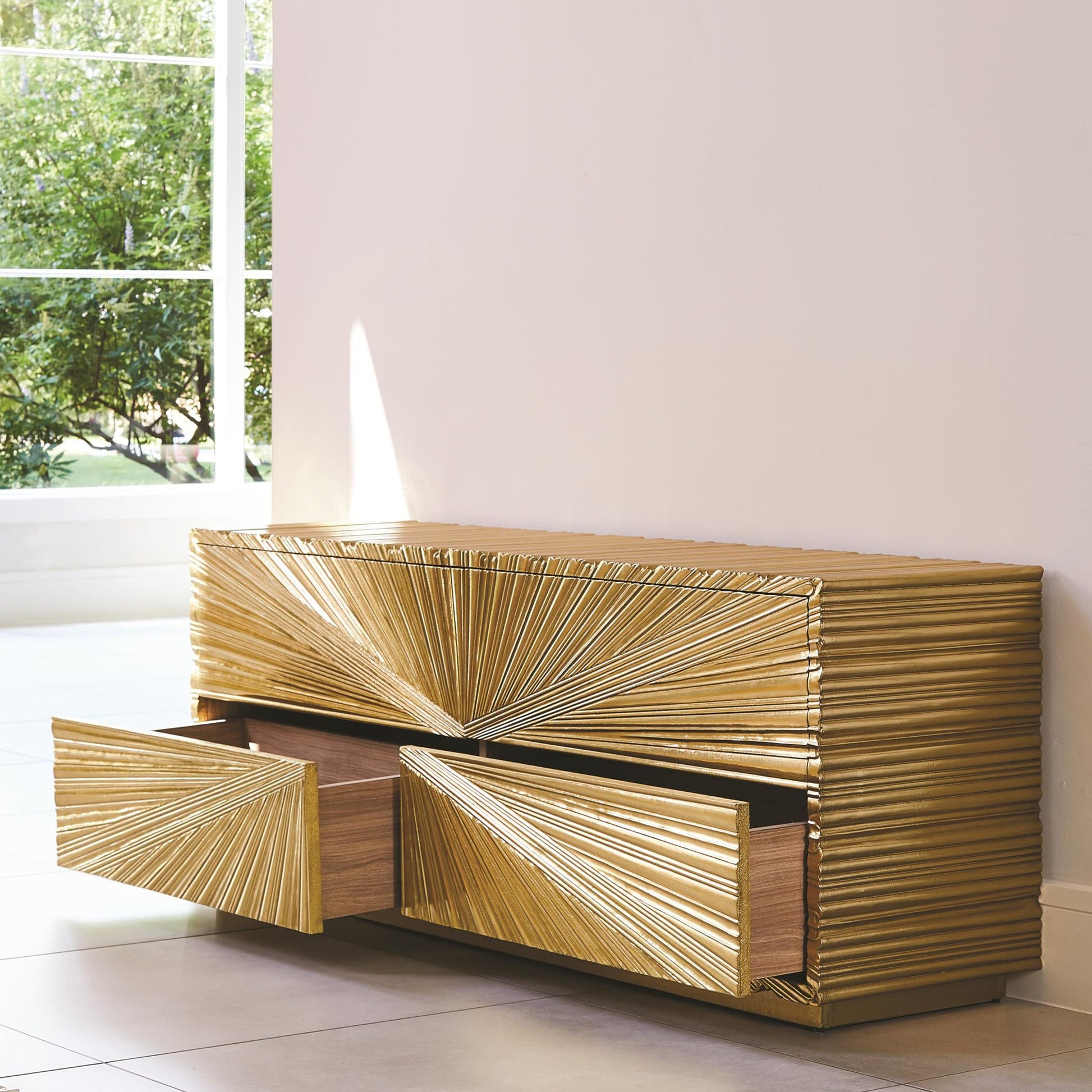 Linenfold Cabinet by Global Views. Made from mdf, brass in a modern style.