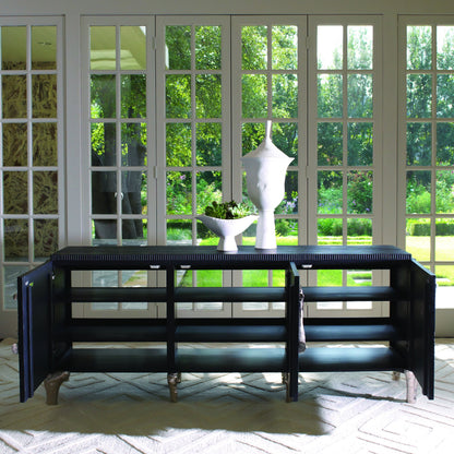 Branch Cabinet by Global Views in black distressed lacquer, polished aluminum. Made from unique in a transitional style.