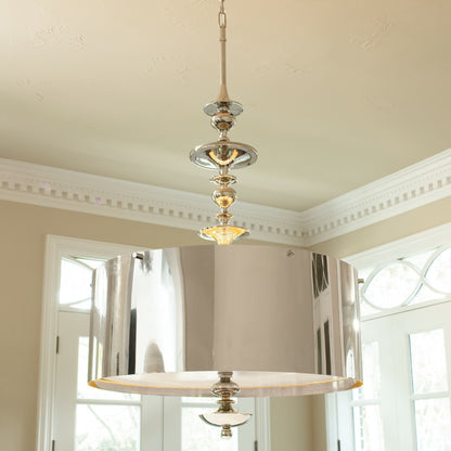 Turned Pendant Chandelier by Global Views in nickel. Made from unique in a transitional style.