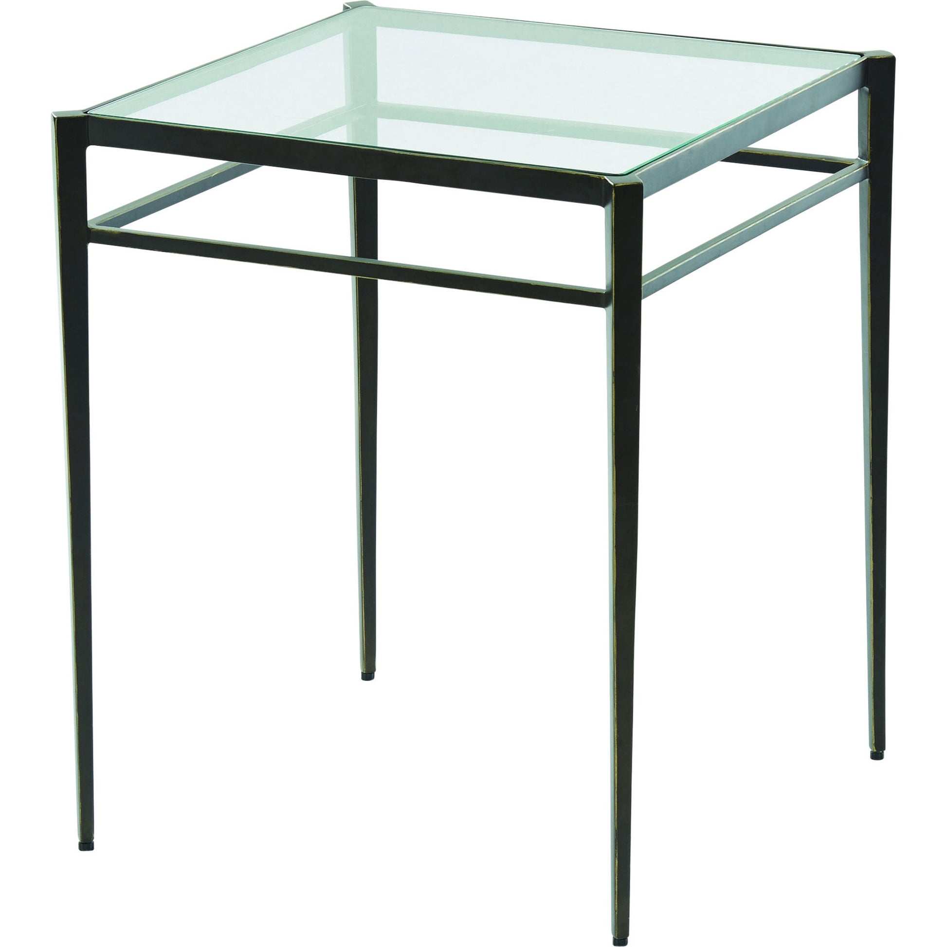 Lescot Side Table by Global Views in dark gunmetal bronze powder coat, gold edges, highlights. Made from iron, tempered glass in a modern style.