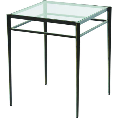 Lescot Side Table by Global Views in dark gunmetal bronze powder coat, gold edges, highlights. Made from iron, tempered glass in a modern style.