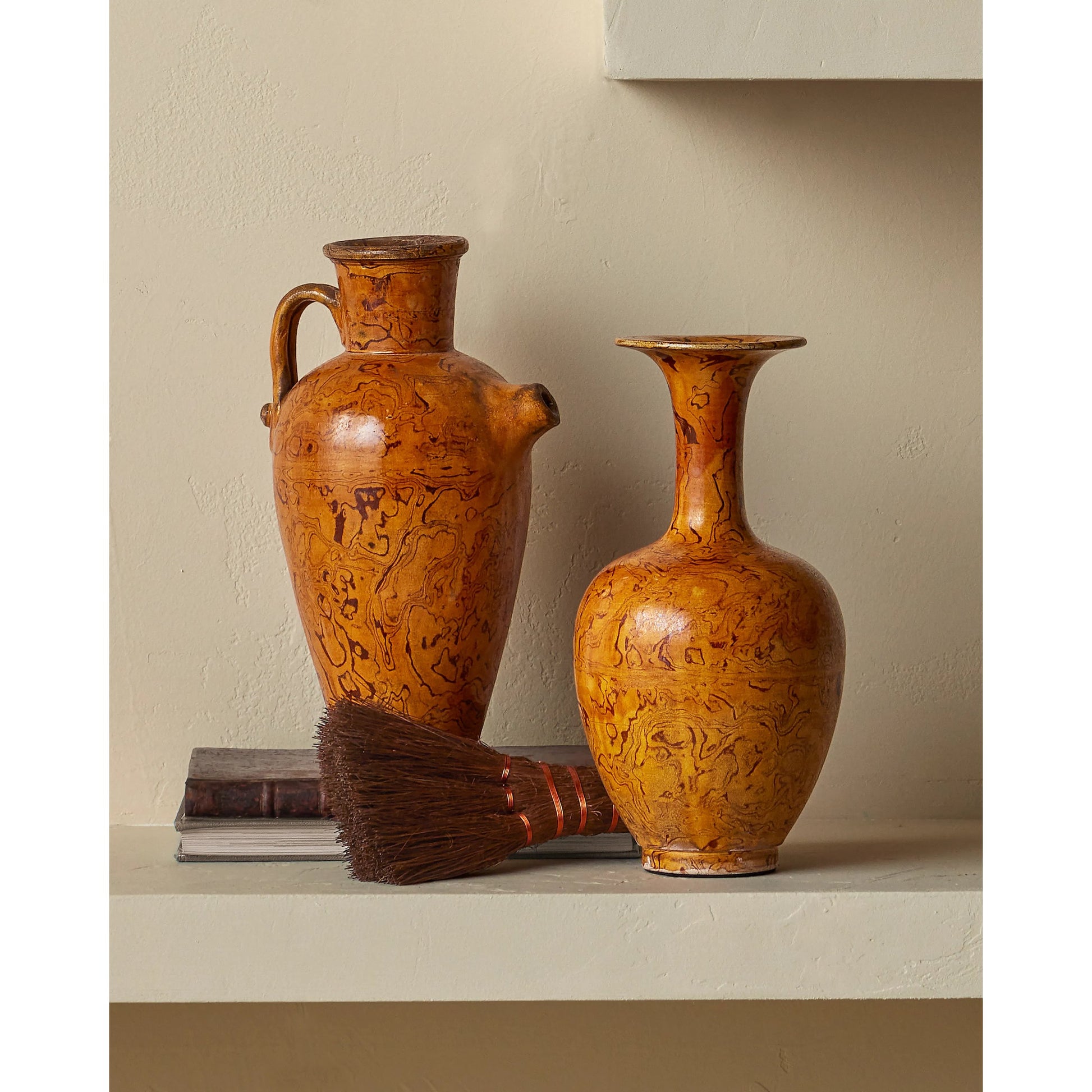 Romulus Vase Set by Currey and Company in yellow, brown. Made from porcelain in a modern style.