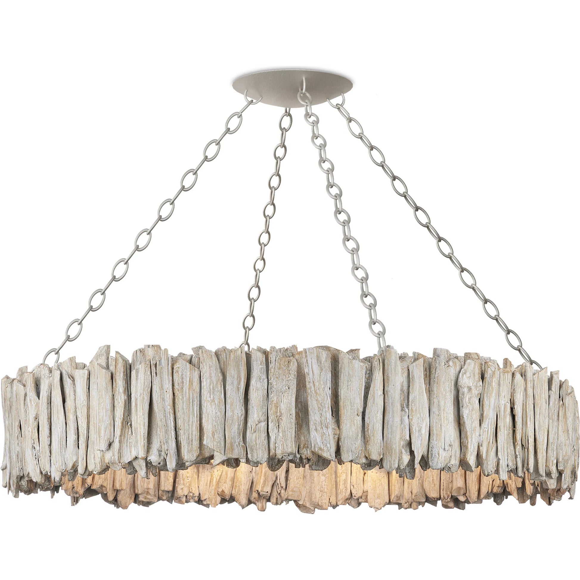 Driftwood Ring Chandelier by Currey and Company in whitewash. Made from driftwood, wrought iron in a cottage & farmhouse style.