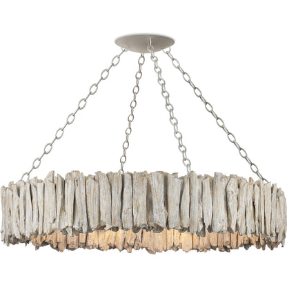 Driftwood Ring Chandelier by Currey and Company in whitewash. Made from driftwood, wrought iron in a cottage & farmhouse style.
