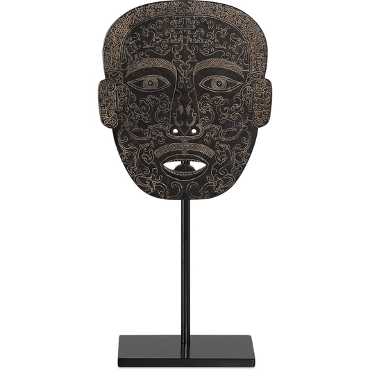 Han Dynasty Jade Medicine Mask by Currey and Company in bronze, black. Made from stoneware, metal in a eclectic & global style.