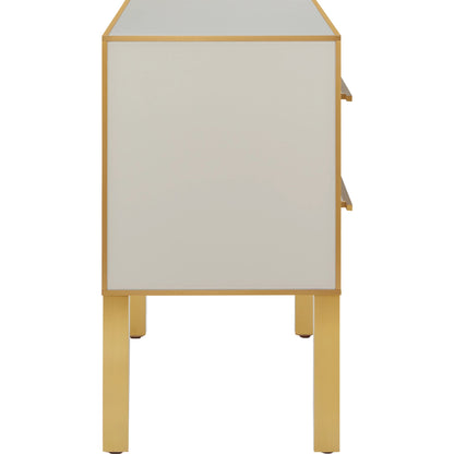Arden Chest by Currey and Company in ivory, satin brass. Made from reverse painted glass, brass, solid hardwood, faux suede in a traditional style.