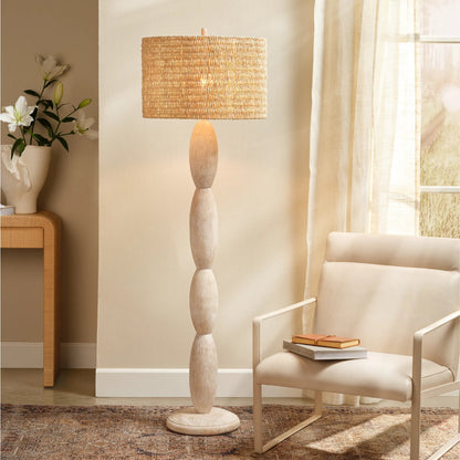 Almond Floor Lamp by Jamie Young in off, white and brushed white wash. Made from wood in a unique style.