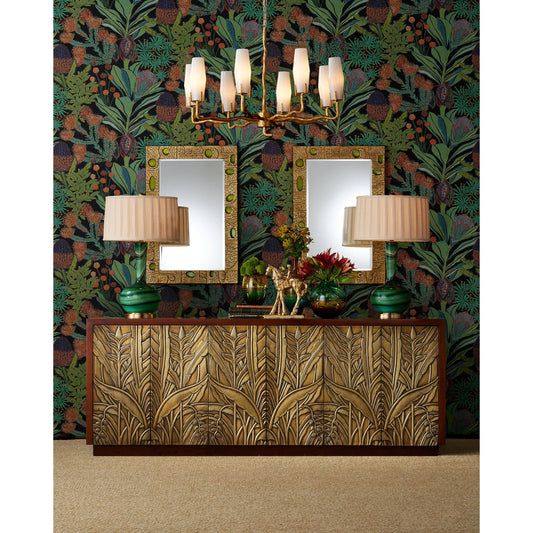 Jardin Credenza by Currey and Company in walnut, antique brass. Made from teak wood, brass in a unique style.