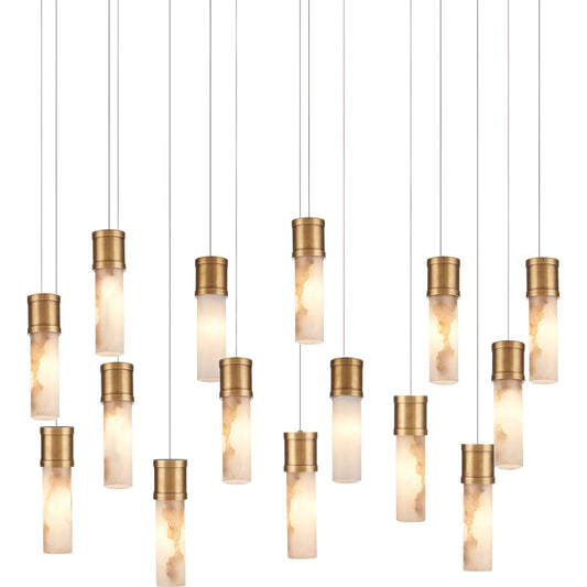 Cannula 15-Light Linear Multi-Drop Pendant by Currey and Company in vintage brass, white, silver. Made from brass, alabaster in a modern style.
