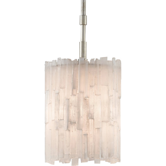 Moonstone Pendant by Currey and Company in chinois silver leaf. Made from selenite, metal, glass in a modern style.