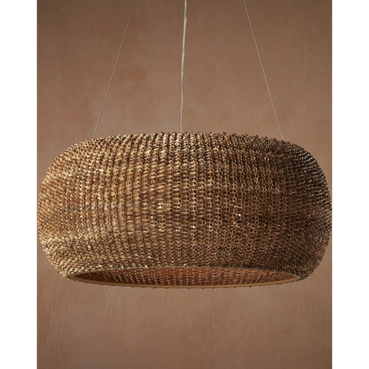 Boucle Chandelier by Currey and Company in natural, beige. Made from rattan, wrought iron in a unique style.