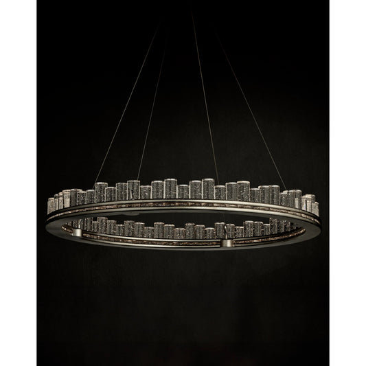 Pleiades Chandelier by Currey and Company in contemporary silver leaf, contemporary silver, clear. Made from wrought iron, seeded crystal in a modern style.