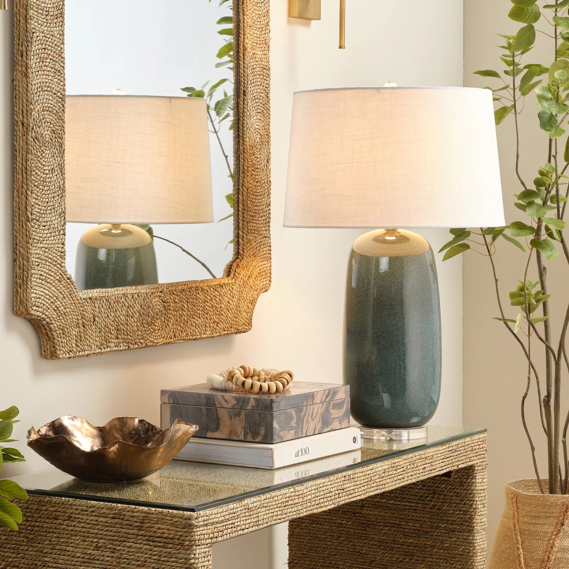 Balsam Table Lamp by Jamie Young in green and teal reactive glaze. Made from ceramic in a unique style.