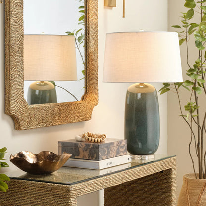 Balsam Table Lamp by Jamie Young in green and teal reactive glaze. Made from ceramic in a unique style.