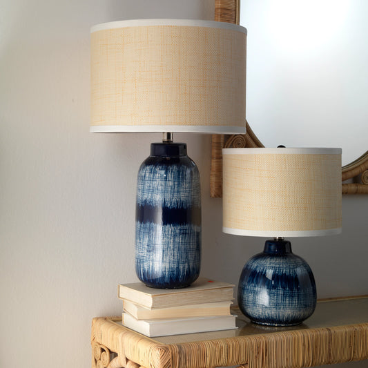 Batik Table Lamp by Jamie Young in indigo. Made from ceramic in a coastal style.