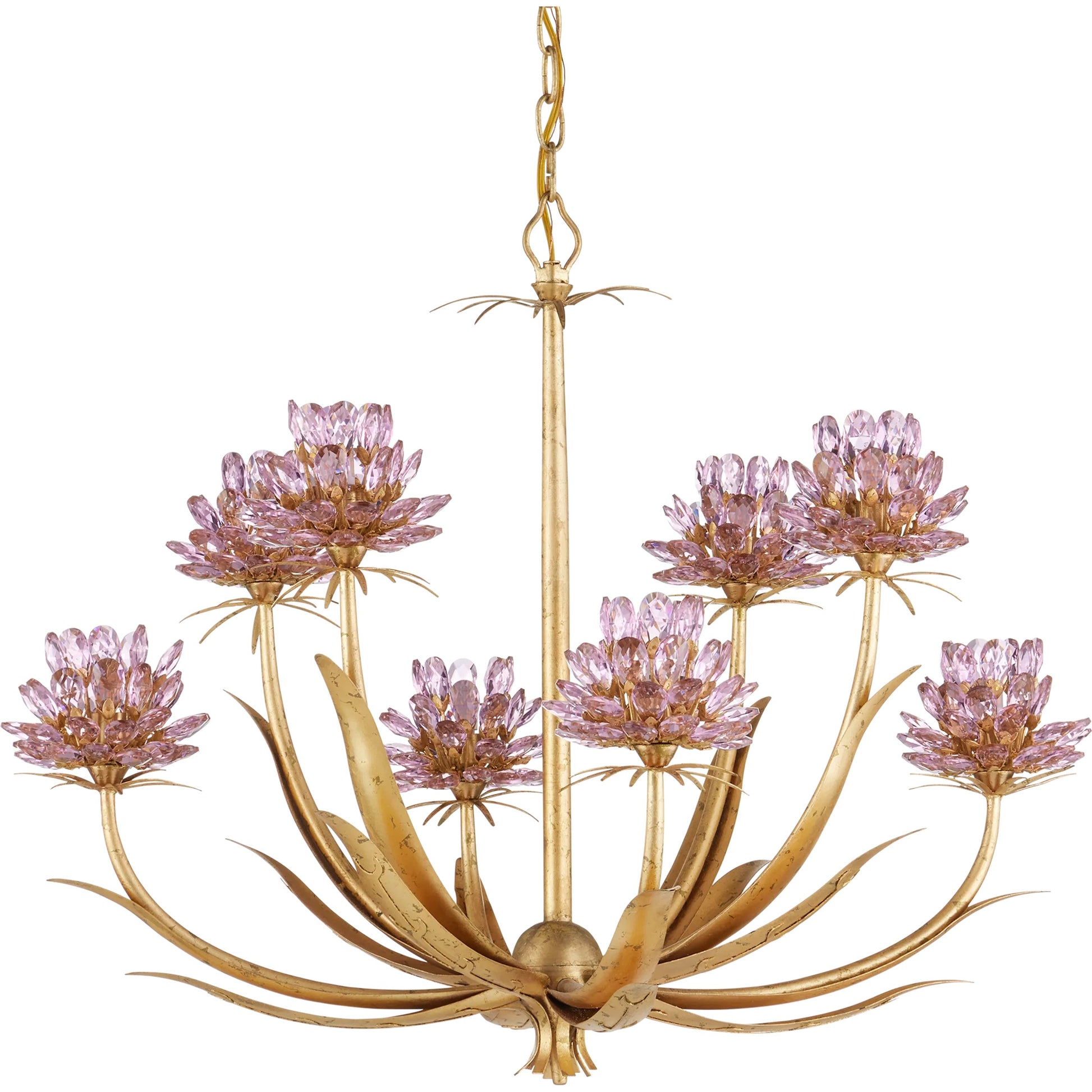 Marilee Chandelier by Currey and Company in pink, dutch gold leaf. Made from crystal, wrought iron in a eclectic & global style.