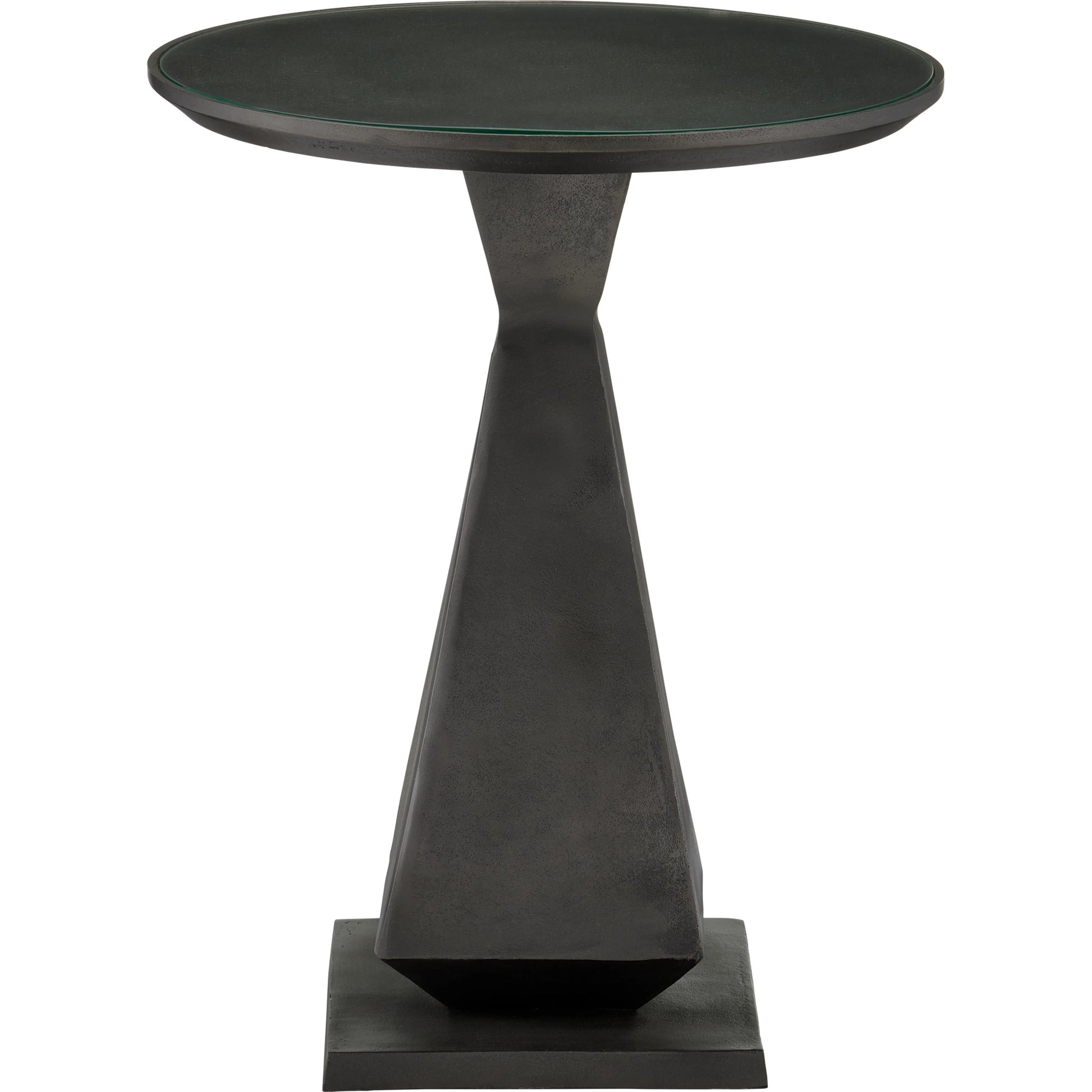 Janil Accent Table by Currey and Company in graphite, clear. Made from cast aluminum, glass in a modern style.