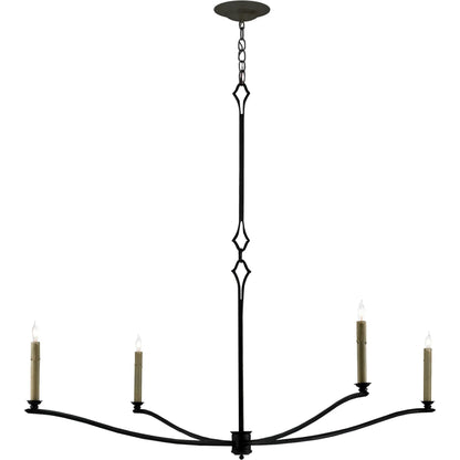 Knole Chandelier by Currey and Company in french black. Made from wrought iron in a rustic style.