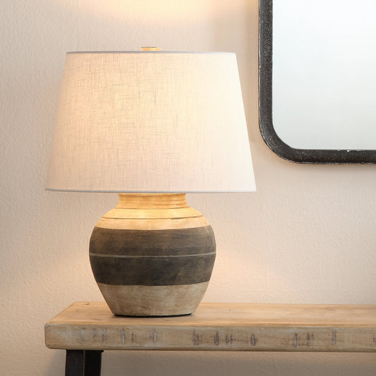 Bernard Table Lamp by Jamie Young in beige & dark grey. Made from ceramic in a modern style.