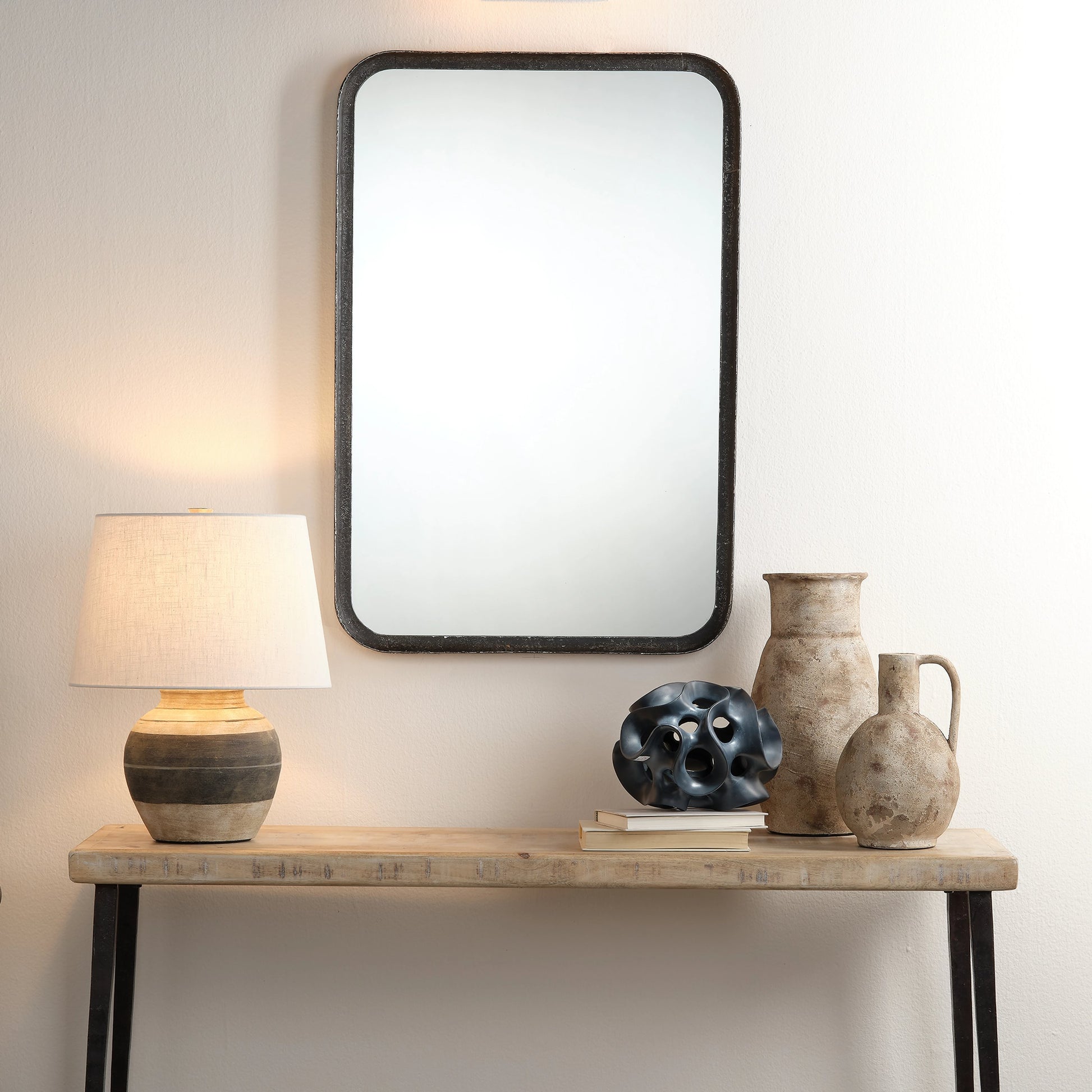 Bernard Table Lamp by Jamie Young in beige & dark grey. Made from ceramic in a modern style.