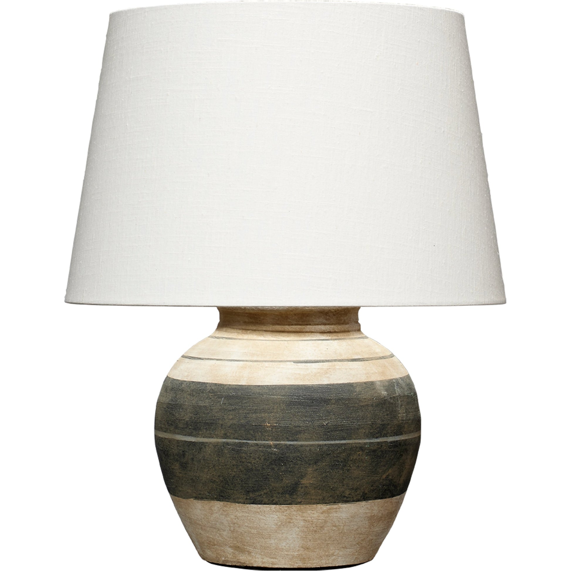 Bernard Table Lamp by Jamie Young in beige & dark grey. Made from ceramic in a modern style.