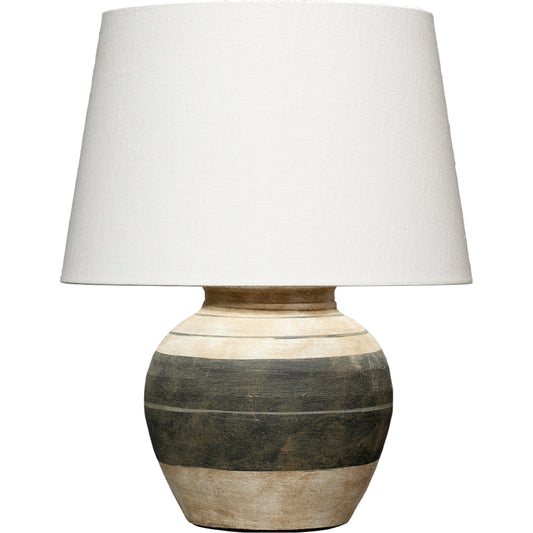 Bernard Table Lamp by Jamie Young in beige & dark grey. Made from ceramic in a modern style.