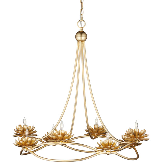 Cyrene Chandelier by Currey and Company in gold leaf. Made from wrought iron in a unique style.