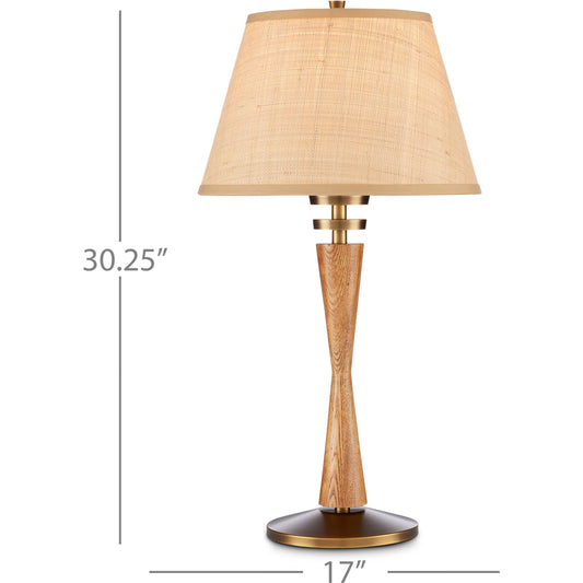Woodville Table Lamp by Currey and Company in classic honey, antique brass. Made from ash wood, metal in a cottage & farmhouse style.