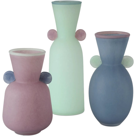 Vassily Vases Set by Currey and Company in light purple, light blue, dark blue. Made from glass in a unique style.