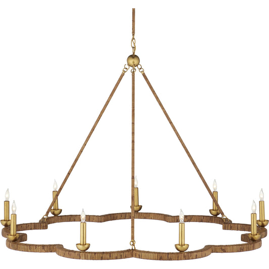Savoie Chandelier by Currey and Company in natural, contemporary gold leaf. Made from rattan, wrought iron in a unique style.