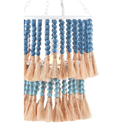 St. Barts Pendant by Currey and Company in mist blue, demin blue. Made from wrought iron, wood beads, abaca rope in a coastal style.