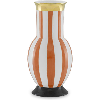 De Luca Stripe Vase by Currey and Company in coral. Made from porcelain in a modern style.