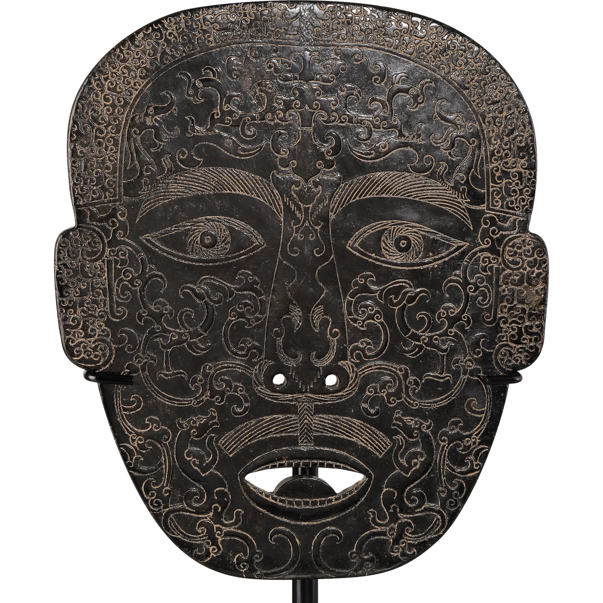 Han Dynasty Jade Medicine Mask by Currey and Company in bronze, black. Made from stoneware, metal in a eclectic & global style.