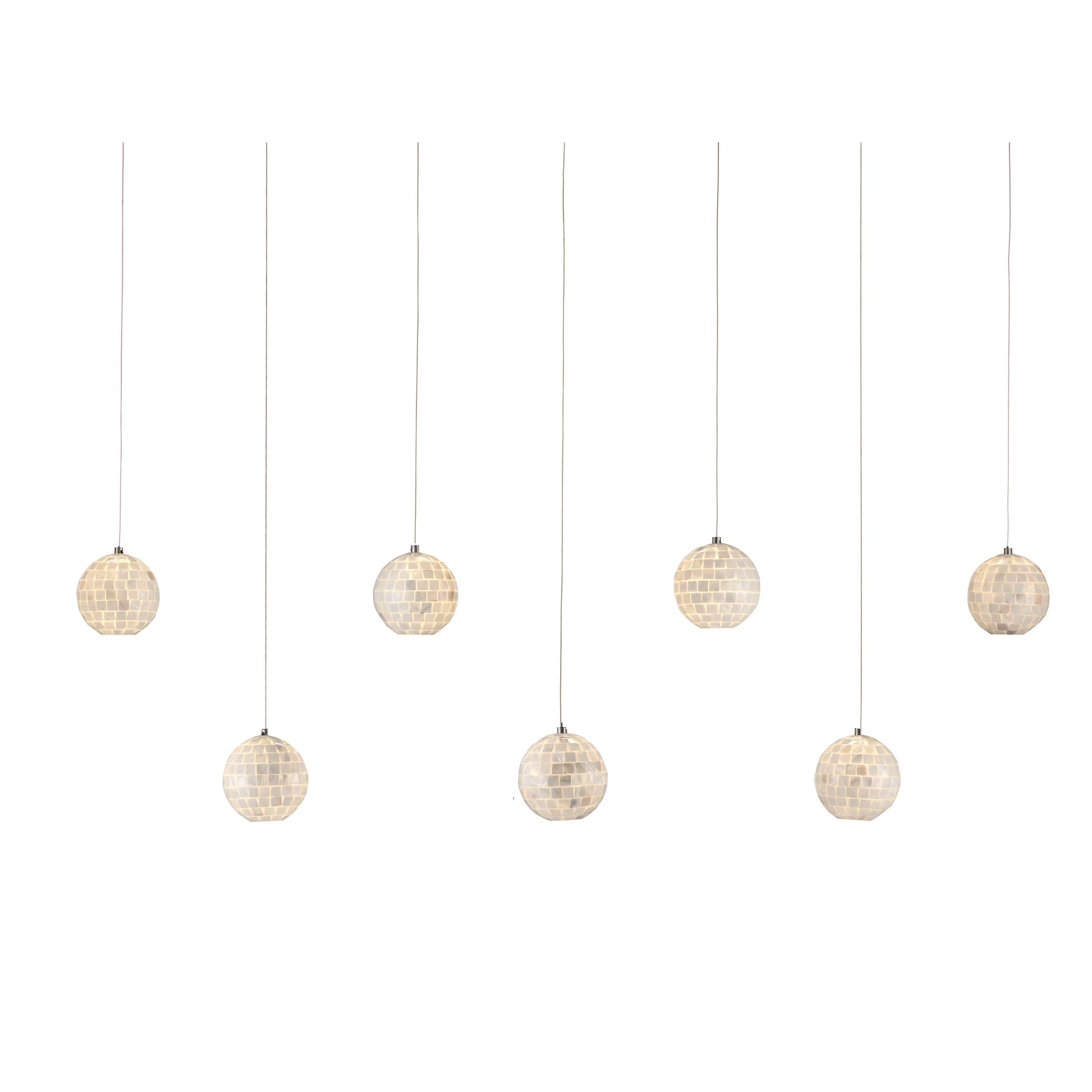 Finhorn Rectangular 7-LIGHT Multi-Drop Pendant by Currey and Company in pearl, silver. Made from pearl, mother of pearl in a modern style.