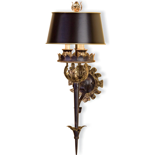 The Duke Wall Sconce 3L by Currey and Company in zanzibar gold leaf, zanzibar black. Made from wrought iron, composite in a traditional style.