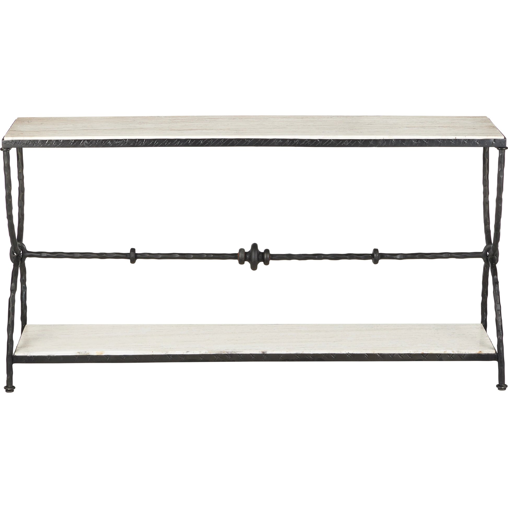 Agora White Travertine Console Table by Currey and Company in natural, rustic bronze. Made from white travertine, wrought iron in a modern style.