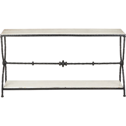 Agora White Travertine Console Table by Currey and Company in natural, rustic bronze. Made from white travertine, wrought iron in a modern style.
