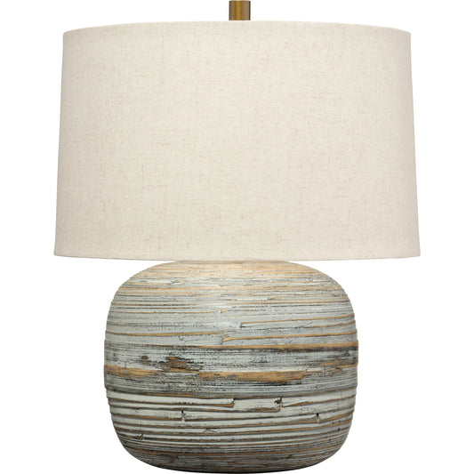 Cocoon Table Lamp by Jamie Young in cream and white washed. Made from bamboo in a unique style.